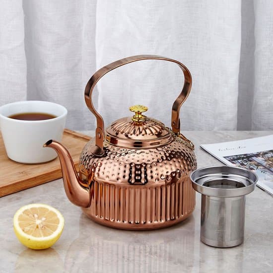 Tekanne i rustfritt stål 1200ml – Retro tekanne i rustfritt stål – Avtakbart filter – Egnet for serveringsbransjen og daglig bruk – Kobberfarget