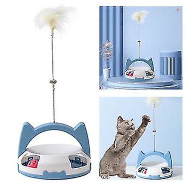 Blå katt leksak med automatisk roterande fjäder och rullande spårboll
