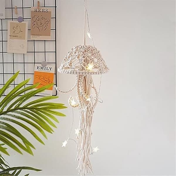 Macrame väggdekoration, manetdrömfångare med stjärnljus, väggkonstdekor vackert hem
