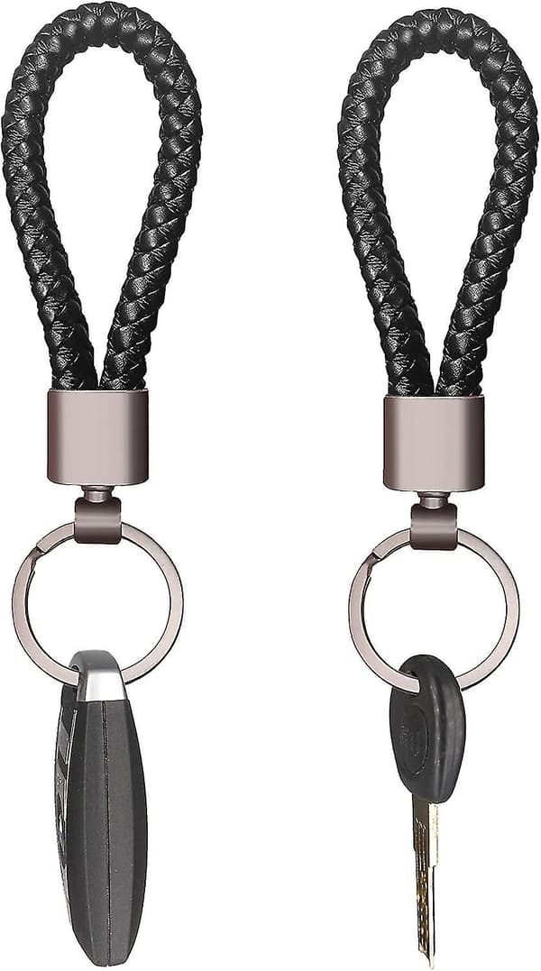 Grovt läderrep med flätade nyckelringar, unisex, 2-pack, svart