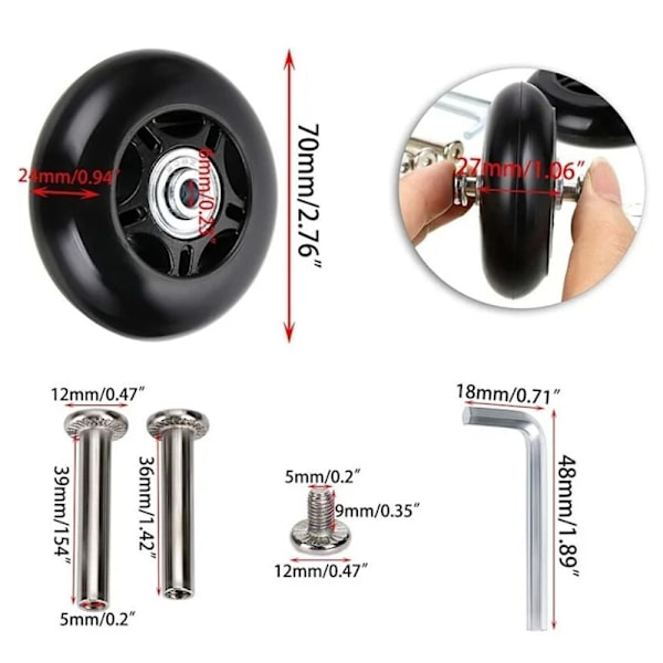 2 st reserveringshjul för resväska, lagerreparation för resväska 70×24mm, svart