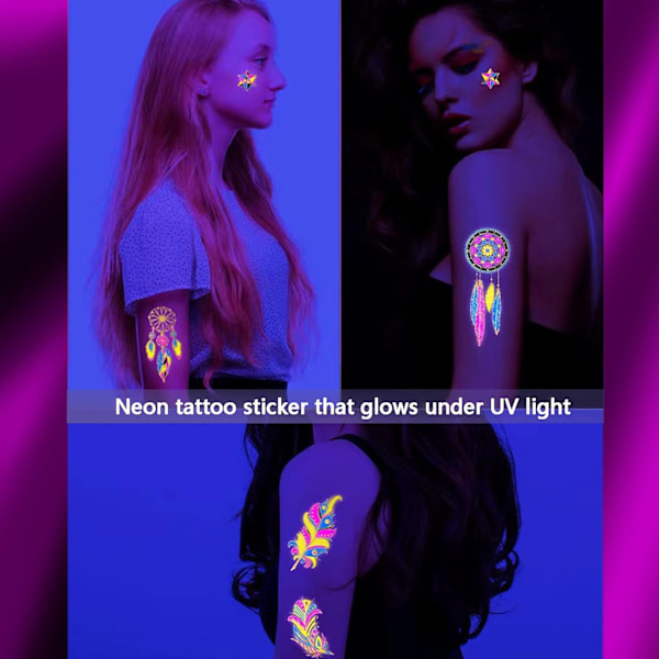 Tatueringar som lyser under UV-ljus, 80 glitterstilar Mandalas Fjäder Elefanter Horn Partydekoration för vuxna barn