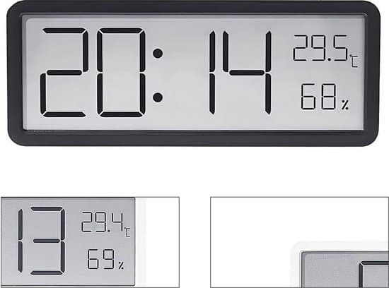 Digital vægur, ur, vægdekoration, viser temperatur, dato og luftfugtighed, 20 cm, sort.