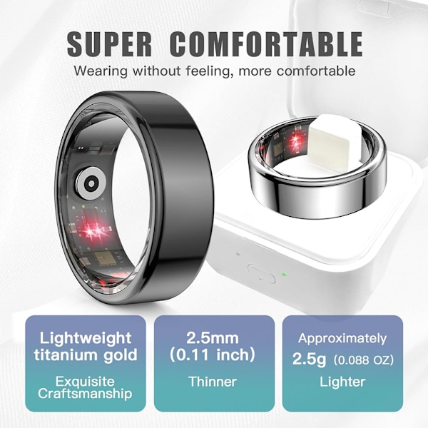 Smart Ring Hälsomätare för Kvinnor och Män, Kalorier, Syre, Puls och Sömnkvalitetsmätare, Ingen Prenumeration, Kompatibel med iOS och Android Silver size 8