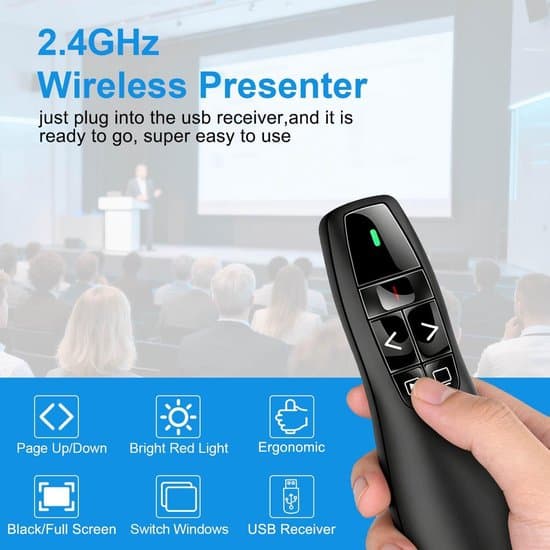Trådløs presentasjonsklikker-USB-presenter med rød laserpeker - 2,4 GHz PowerPoint-fjernkontroll-Plug & Play -Lysbildefremvisningskontroll for Windows og PC