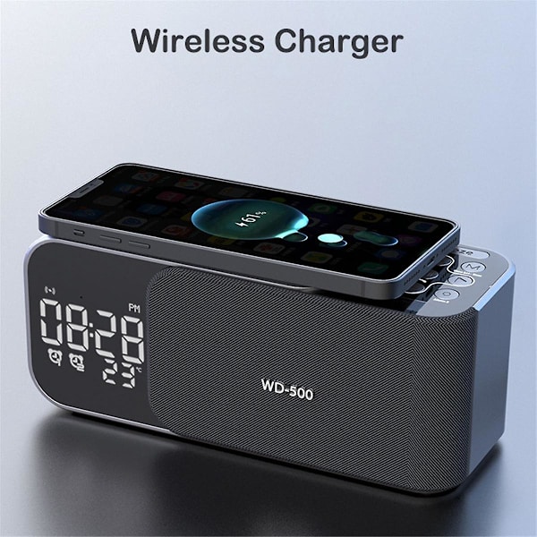 Digital Stereo FM-radio, väckarklocka, nattlampa, Bluetooth-högtalare, 10 W trådlös laddare - blå