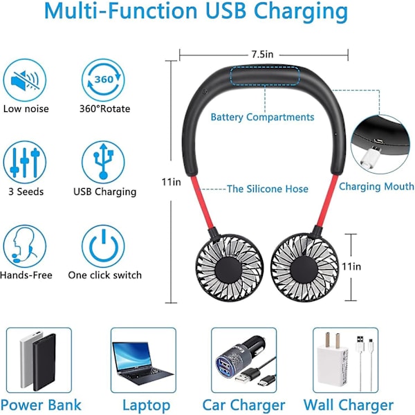 Halsfläkt Bärbar Ansiktsfläkt Personlig USB Handsfree Mini Bärbar Sport Handhållen Kylning Små Nya Fläktar Runt Black Red