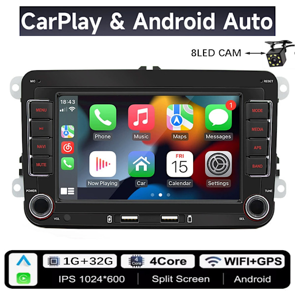 2Din Bilradio Android för Volkswagen Golf 5 6 Polo Passat B6 B7 CC Skoda Jetta Universal Multimedia Carplay Wifi GPS Navigation 1x32G With Camera