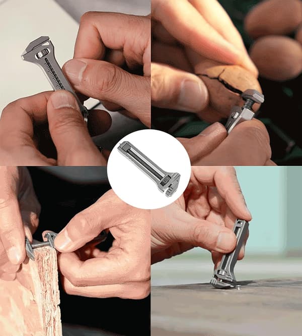 Mini multiværktøjsnøgle lavet af legeringsmateriale, med flere funktioner, inklusive en mini-flaskeåbner.