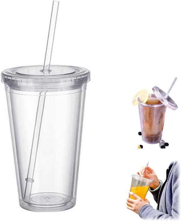 Dubbelväggig plastmugg med lock och sugrör, isolerad kaffemugg, 450 ml, transparent 450ml