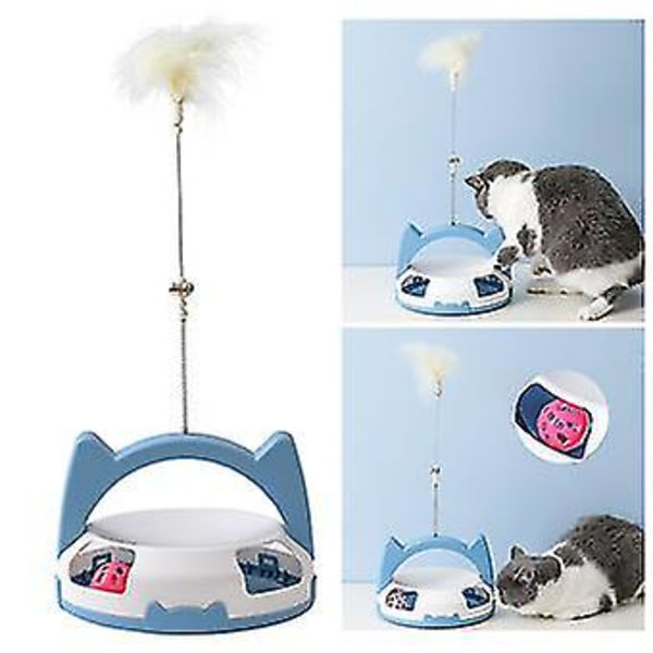 Blå katt leksak med automatisk roterande fjäder och rullande spårboll