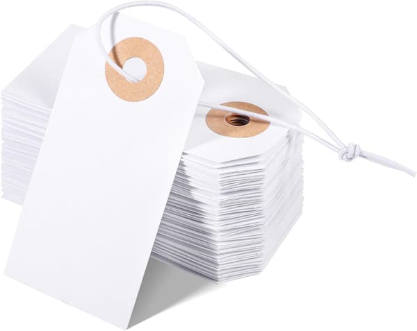 100 tomme merkelapper med elastiske snorer, forsterkede hull, utskrivbare hengelapper, 2,75x1,37 tommer