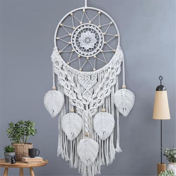 Makramé Drömfångare för Sovrum Vuxen Drömfångare Väggdekor Boho Väggbonad med Vävt Löv Heminredning