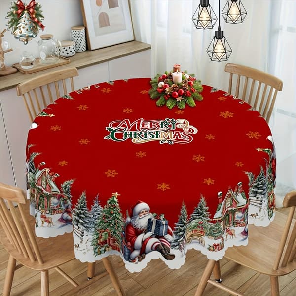 Julduk, jultomte, snögubbe och julgransmönstrad duk, julduk, rektangulär duk