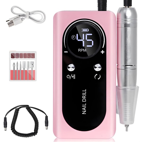 Elektrisk 45000RPM Nagelborrmaskin, Uppladdningsbar Portabel Nagelfil Elektrisk DIY Nagelborrsats med Smart LCD-Skärm Pink