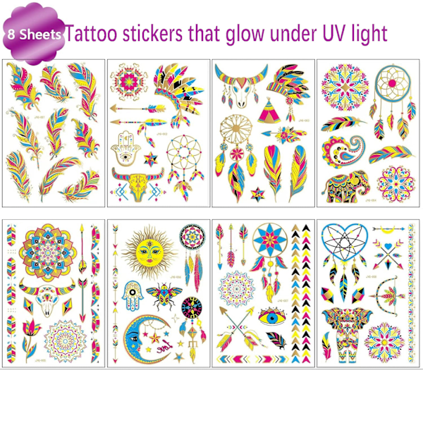 Tatueringar som lyser under UV-ljus, 80 glitterstilar Mandalas Fjäder Elefanter Horn Partydekoration för vuxna barn