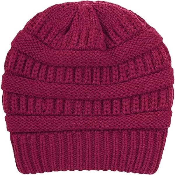 Varm stickad vintermössa med satin foder, kabelstickad beanie, tjock slouchy skull cap för kvinnor Wine Red
