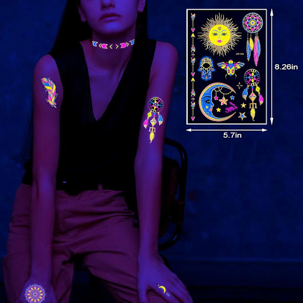 Tatueringar som lyser under UV-ljus, 80 glitterstilar Mandalas Fjäder Elefanter Horn Partydekoration för vuxna barn