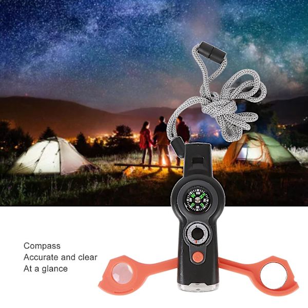 7 i 1 Nödöverlevnadsvisselpipa LED-lampa Termometer Kompass Multifunktionsvisselpipa för vandring Klättring Orange