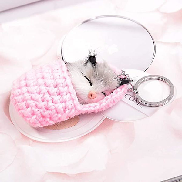 Söt sovande Pom Pom katt nyckelring handgjord vävd fluffig bilnyckelring