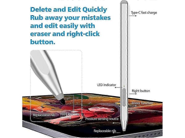 Microsoft Surface-kompatibel stylus med viskelæderknap – til Surface Pro, Laptop, Studio, Book (3/2/1, Pro 11/10/9/8/X/7+/6/5/4/3) Silver