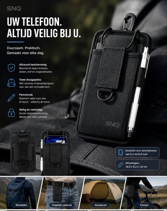 Telefonpose til rygsækrem – Med bælteclips – Velegnet til 6,7–7,2-tommer smartphones – Dimensioner 17 x 8,5 x 2 cm