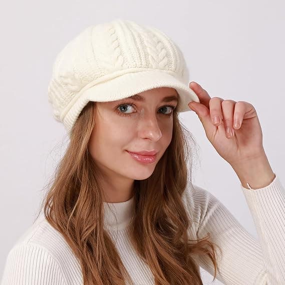 Stickad vintermössa för dam med skärm, dubbelt lager fleecefoder, varm och snygg beanie med slouchy passform