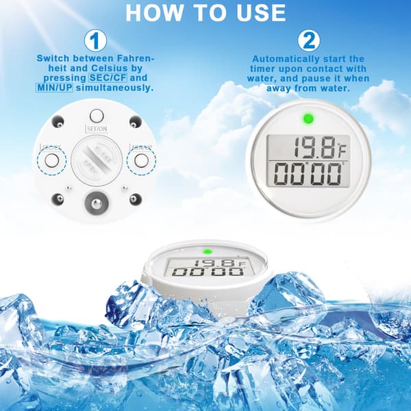 Isbads termometer og timer, isbads vandtermometer med flydefunktion, letlæseligt, vandtæt IPX6, termometer