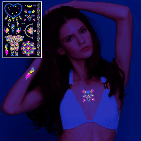 Tatueringar som lyser under UV-ljus, 80 glitterstilar Mandalas Fjäder Elefanter Horn Partydekoration för vuxna barn