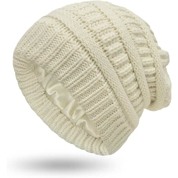 Varm stickad vintermössa med satin foder, kabelstickad beanie, tjock slouchy skull cap för kvinnor Beige