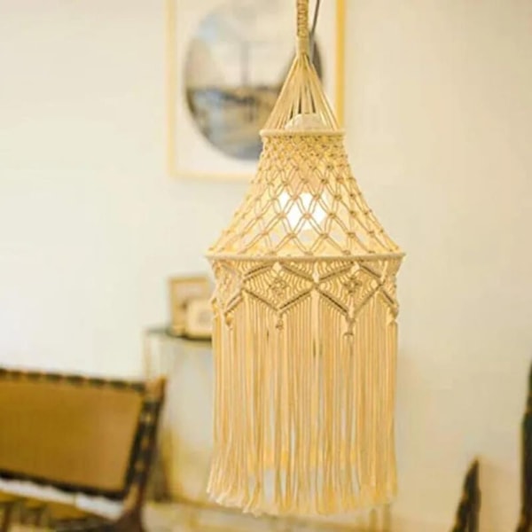 Bohemisk Macramé Lampskärm Naturlig Handgjord Bomullsrep Unik Design Modern Heminredning för Vardagsrum, Barnrum, Vit Lampskärm Boho Dekoration