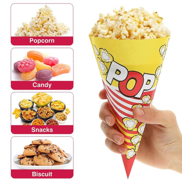 100 stk. Popcorn Papirsposer med Tilspidsede Ender, Kegleformede Slikposer til Popcorn og Slik
