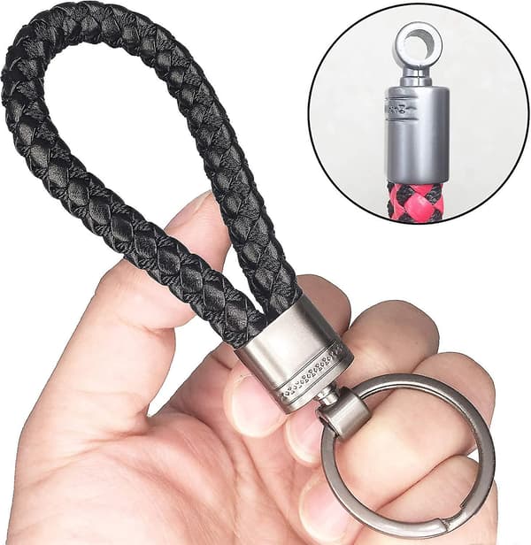 Grovt läderrep med flätade nyckelringar, unisex, 2-pack, svart