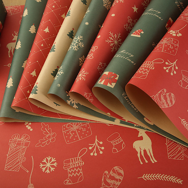 Omslagspapper, julklappspapper set (7-pack), kraftpapper julklapps-omslagspapper, 50x74 cm - återanvändbart presentpapper