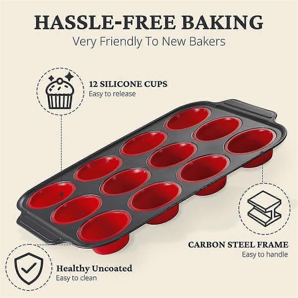 Silikon Muffinsform med Metallramme, Egg Bite Maker Silikonformer for Baking, Cupcake Former 12 Vanlig Størrelse Rød
