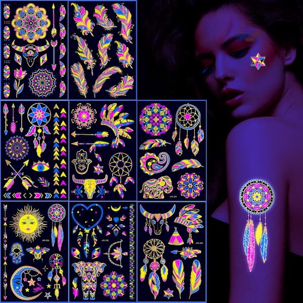 Tatueringar som lyser under UV-ljus, 80 glitterstilar Mandalas Fjäder Elefanter Horn Partydekoration för vuxna barn
