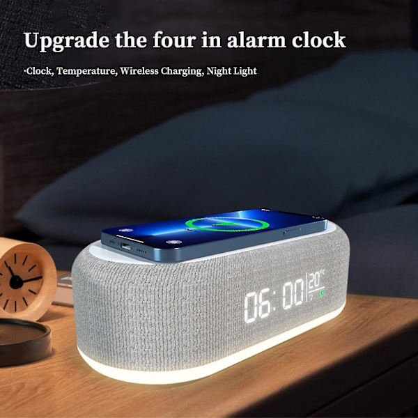 Bärbar laddare väckarklocka med trådlös laddning, multifunktionell digital väckarklocka med nattlampa, LED-display tidsklocka, temperatur för sovrummet