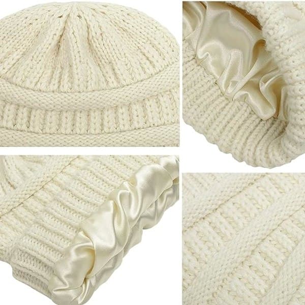Varm stickad vintermössa med satin foder, kabelstickad beanie, tjock slouchy skull cap för kvinnor Beige