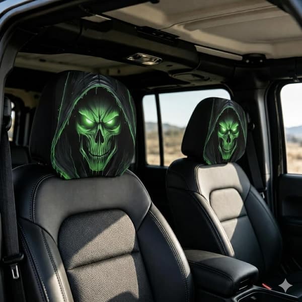 Ghost Face Nackstödsskydd, Skrämmande Ansiktsmönster Bilbarnstol Universella Elastiska Modeller Nackstödsskydd med Glödande Ögon-Effekter Skydd för Bilinteriör