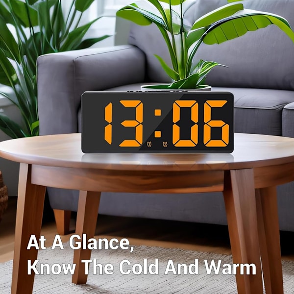 Väckarklocka för sovrum, med temperatur, 5 justerbar ljusstyrka, röststyrning (orange)