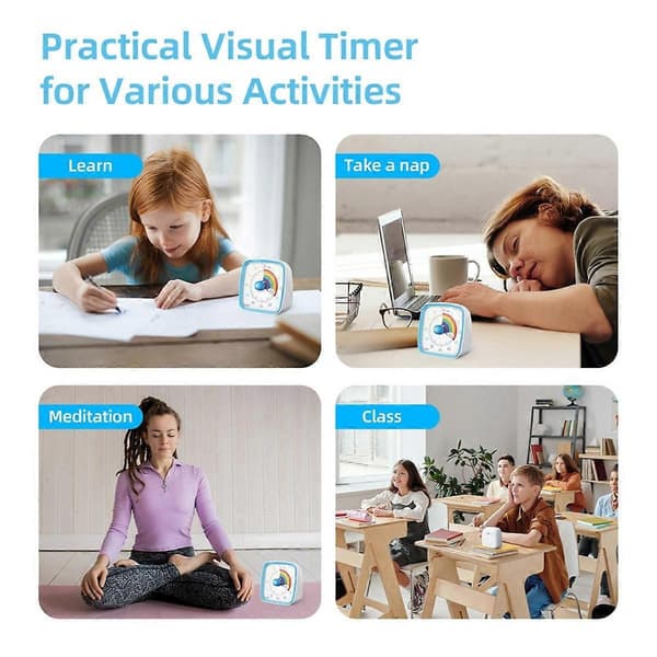 60-minutters visuell timer med nattlys, nedtellingstimer, Pomodoro-timer med regnbuemønster for barn Blue