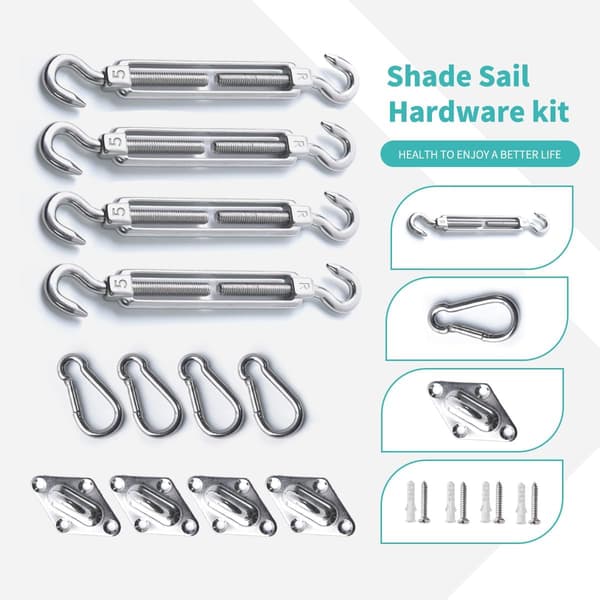 Solsejl Hardware Kit, 304 Rustfrit Stål Anti-Rust Fastgørelseshardware til Firkantede og Trekantede Solsejl (12-dele Sæt + 16 Skruer)