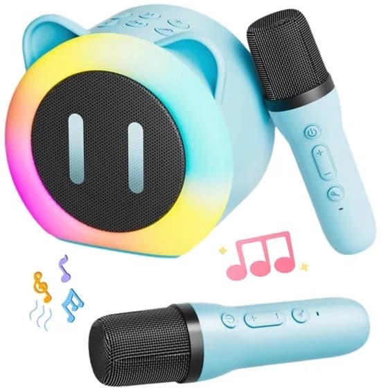 Karaokeset för barn karaokeset med 2 mikrofoner med röstförändrande effekter och LED-lampor – trådlös Bluetooth-partyhögtalare – stöder TF, USB