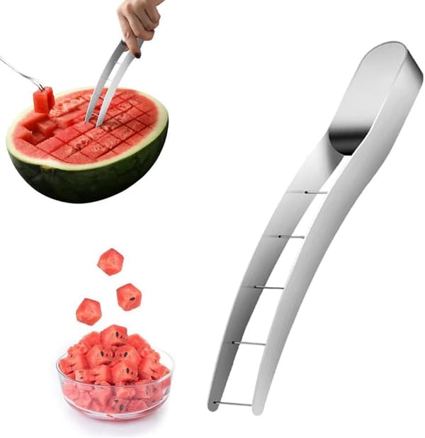 Vannmelonkutter, vannmelonkutter i rustfritt stål, rask og trygg vannmelonkniv med fruktgaffel i 304 rustfritt stål