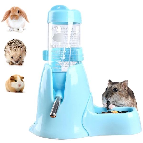 3-i-1 Hängande Vattenflaska för Hamster, Automatisk Husdjursdispenser med Bas för Dvärghamster Mus Råtta Igelkott (80ML, Blå)