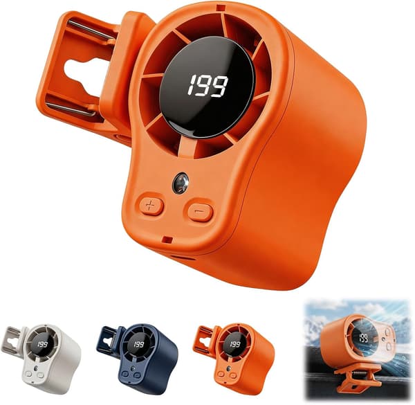 Bilventilator med LED-display, 360° drejelig, 199 hastigheder, USB genopladelig ventilator til bil og camping, orange Orange