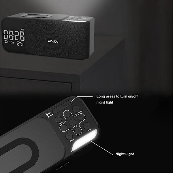 Digital Stereo FM-radio, väckarklocka, nattlampa, Bluetooth-högtalare, 10 W trådlös laddare - blå