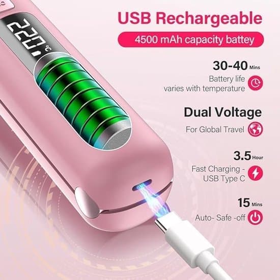 2-i-1 Sladdlös Plattång och Locktång – 4500mAh Batteri – Snabb Uppvärmning på 10 Sekunder – Bärbar Keramisk Plattång – Resevänlig