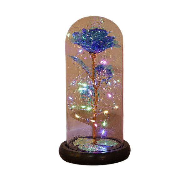 Glaskupol med LED-ring och rosbukett Blue