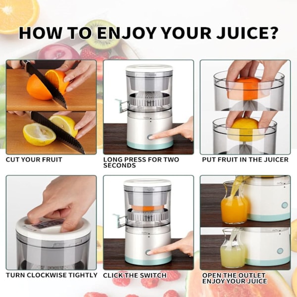 Elektrisk Juicepress Uppladdningsbar - Citrusjuicepress med USB och Rengöringsborste, Portabel Juicepress för Apelsin, Citron, Grapefrukt